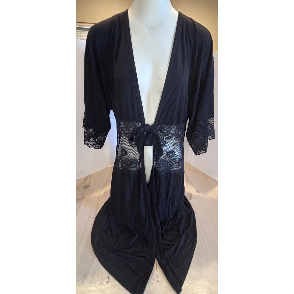 Soma Black Lace Inset Tie Front‎ Kimono Robe Cardigan S/M 120-18S04410